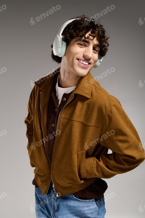 Preview: Stylish young man showcasing modern fashion and vibrant energy in playful pose