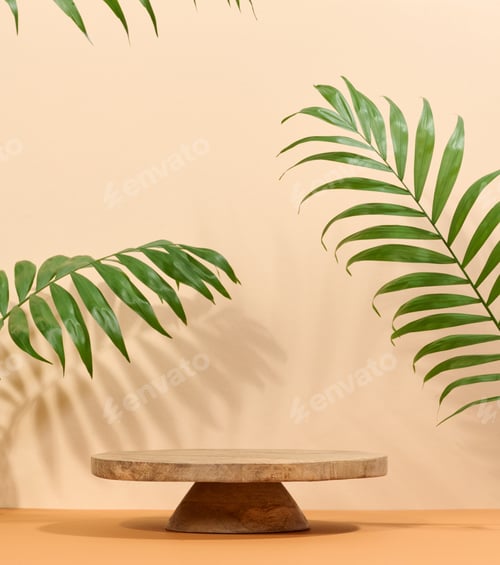 Preview: Round brown wooden stand on a white background, a place to display cosmetics