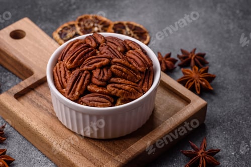 Preview: Peeled and roasted pecan nut as an ingredient for healthy food. Pecan nut as a food background