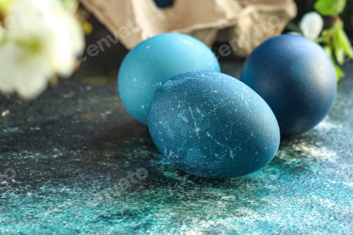 Preview: Easter Eggs Painted Blue, Easter Treat Festive Table Rustic Meal Top View Copy Space For Text Food