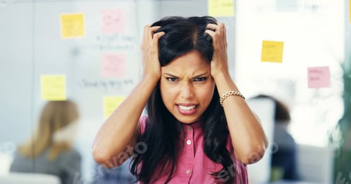 Preview: Woman, stress and sticky notes for plan crisis in office, anxiety and brainstorming burnout. Female