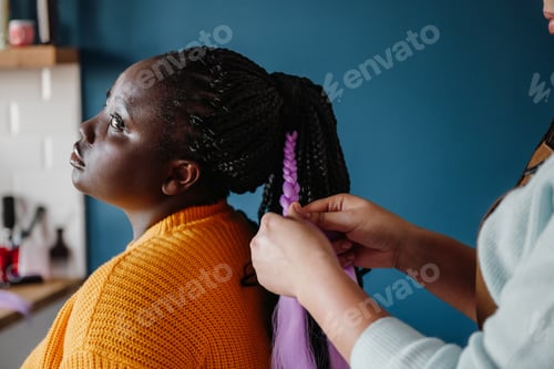 Preview: Close-up of hairdresser braiding hair to a young African woman in salon