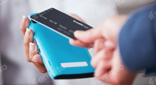 Preview: Credit card, hand and payment machine in a store with cashier, online and customer in a pharmacy. S