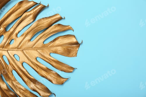 Preview: Painted tropical Monstera leaf and space for text on color background, top view