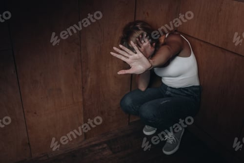 Preview: Victim with obscure face showing stop and hiding in corner