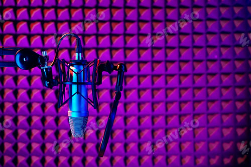 Preview: Professional studio microphone against acoustic foam panel background in neon light