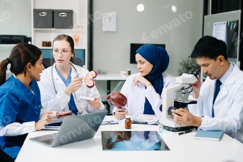 Preview: Medical, meeting and doctors with laptop for research, planning and hospital schedule management.