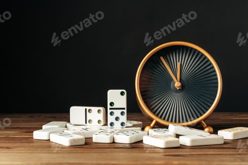 Preview: Domino tiles and clock on wooden table against black background