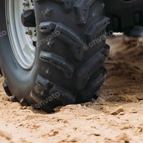 Preview: cropped shot of wheel of all-terrain vehicle on sand
