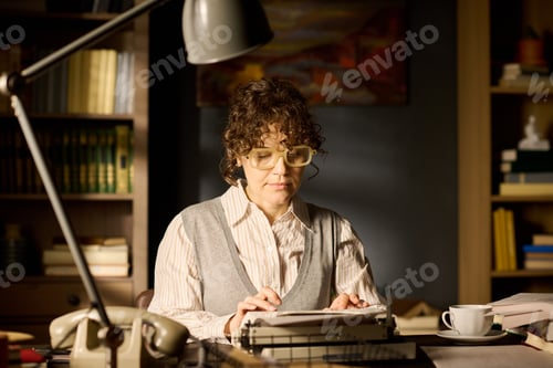 Preview: Caucasian Middle Aged Woman Typing on Typewriter in Home Office Setting