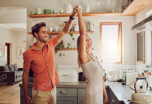 Preview: Happy, dancing and loving couple bonding and having fun while spending time together at home. Energ