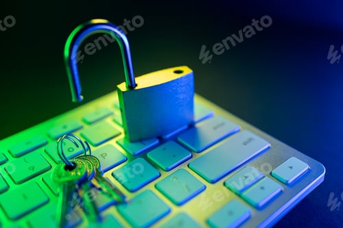 Preview: Lock and keys on a keyboard in a digital security setting at night