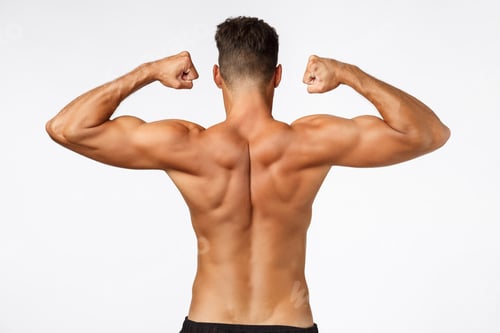Preview: Rear view shirtless musclar man back, raising hands and tighten muscles, showing perfect body shape