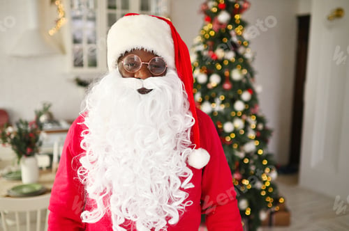 Preview: african american man in a santa costume smiles against the background of christmas decor