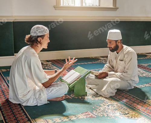 Preview: Muslim pray, worship or men studying the Quran for peace, mindfulness or support from Allah in holy
