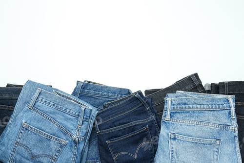Preview: Ukraine, Kyiv, 08.10.2023 Folded jeans on a white background