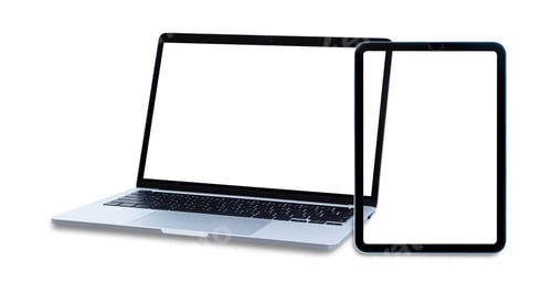 Preview: Laptop and tablet with blank screens isolated on white background for digital mockup.