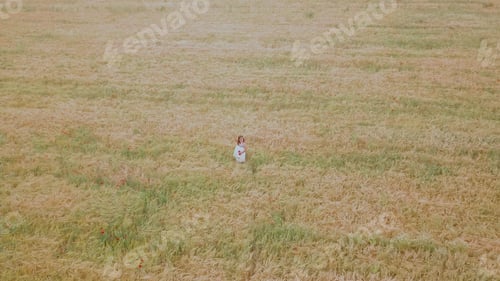 Preview: Hispanic girl happy in summer meadow. freedom playing with soap bubble. drone aerial view