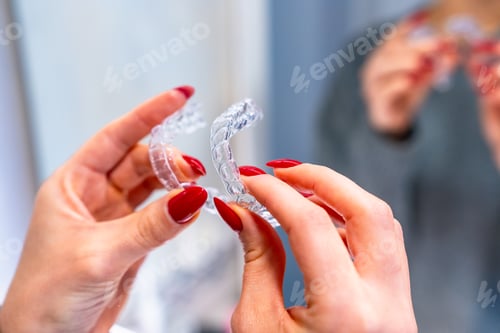 Preview: Close-up hands of a woman holding an invisible aligner