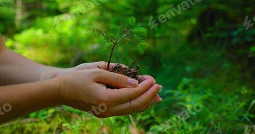 Preview: Female hand holding sprout wilde pine tree in nature green forest. Earth Day save environment