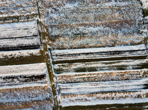 Preview: Top view of empty snowy and dark fields patched landscape on sunny winter day. Aerial drone