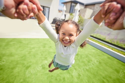 Preview: Happy, motion and child spinning on arms of parent in backyard garden for childhood, fun and bondin
