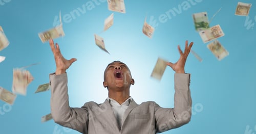 Preview: Business man, winner and money rain for success, celebration and lottery, bonus or financial freedo