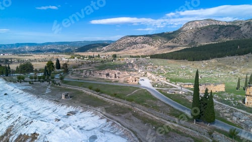 Preview: Aerial top view Pamukkale Turkey travertine pools, nature terraces with blue water.