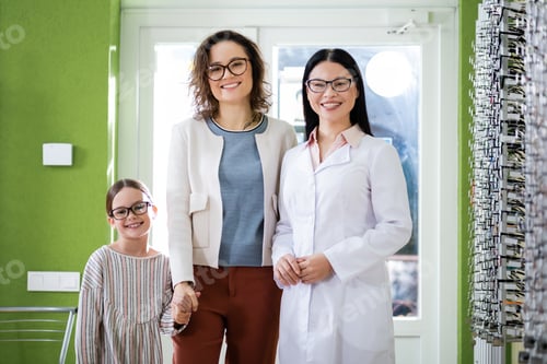 Preview: happy asian oculist and mother with daughter smiling at camera in optics shop