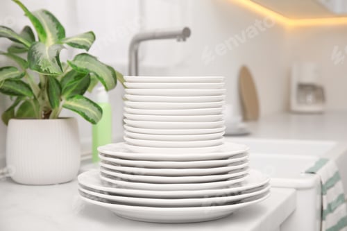 Preview: Set of clean dishes and houseplant on table in stylish kitchen