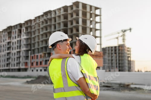 Preview: Portrait of a father and daughter in protective helmets on the background of a construction site.