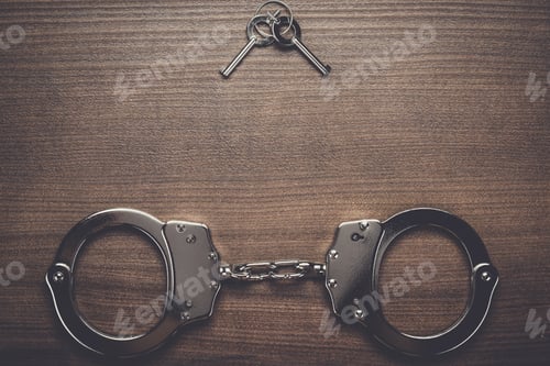 Preview: steel handcuffs and keys on the wooden background