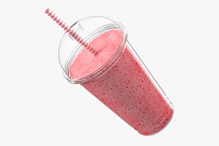 Preview: Milk Shake Strawberry, Clear Plastic Cup with Domed Lid, Striped Straw, and Pinkish-Red Beverage