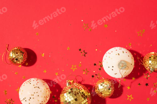 Preview: Christmas white and gold decorations, mirror disco balls, star sparkles over red background. Flat