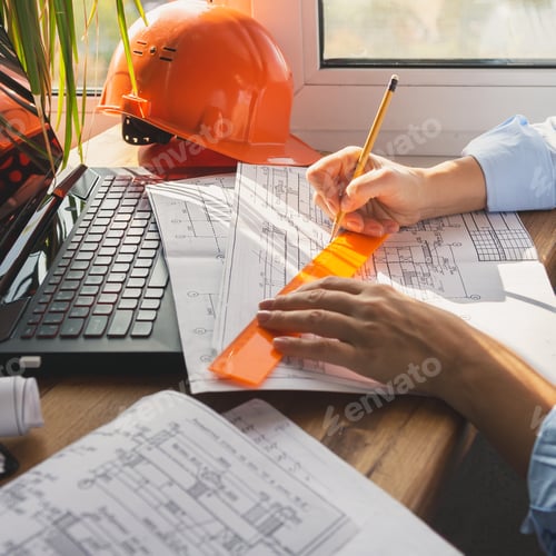 Preview: architect design working drawing sketch plans blueprints and making architectural construction model