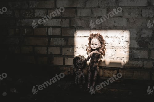 Preview: sunshine on old and scary baby dolls near brick wall, post apocalyptic concept