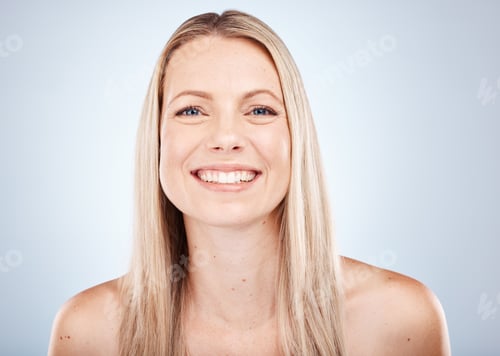 Preview: Hair care, cosmetics and portrait of a woman with a smile against a grey studio background. Skincar