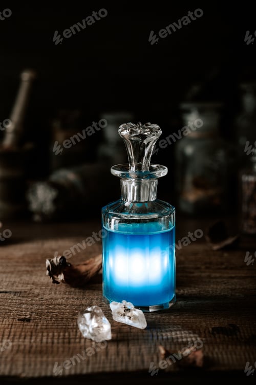 Preview: Witchcraft still life concept with potion, herbs ingredients and magical equipment