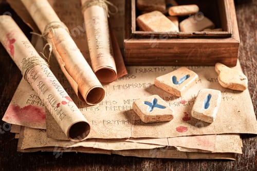 Preview: Futhark rune stones amd old scrolls as a mystical background