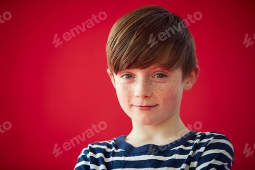 Preview: Portrait Of Young Boy Against Red Studio Background Smiling At Camera