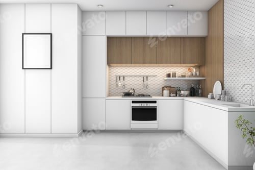 Preview: 3d rendering white minimal kitchen with wood decoration