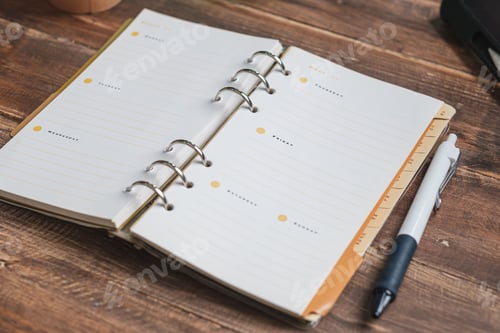 Preview: close up planner book on wooden table