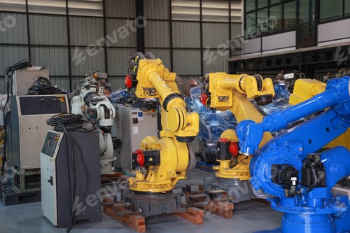 Preview: Automated robotic arms lined up in a high-tech manufacturing plant ready for production