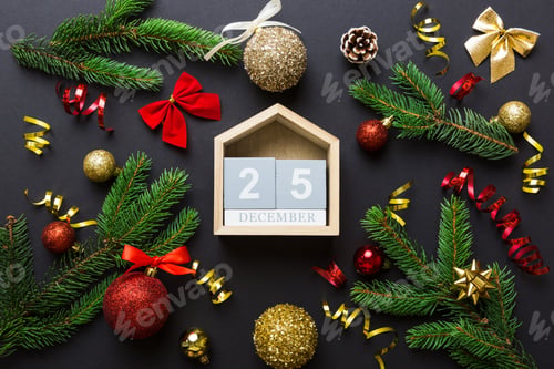 Preview: Christmas calendar 25 december. Christmas gift, fir branches, pine cones. Flat lay