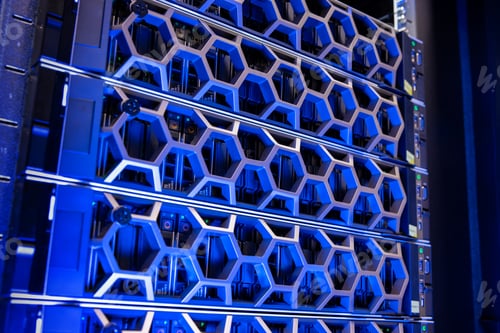 Preview: Closeup Of Modern Hard Drives In Illuminated Blue Virtual Datacenter