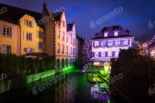 Preview: Floodlit canal and christmas lights at night, Little Venice, Colmar, France