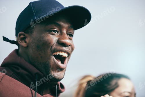 Preview: Sports, cheer and excited black man in stadium shouting, cheering and screaming support for team. M