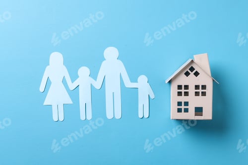 Preview: Flat lay with heart shape, house and family figure