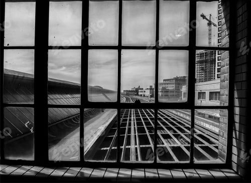 Preview: Grayscale shot of industrial steel gridded windows
