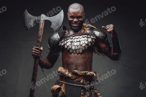 Preview: Evil barbaric man with black skin and axe in dark background